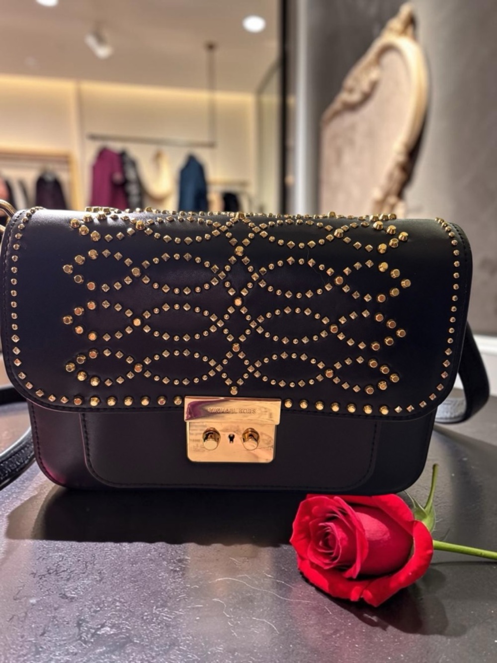 Michael Kors Studded Sloan Crossbody Black Leather Gold Hardware Chain Strap EUC